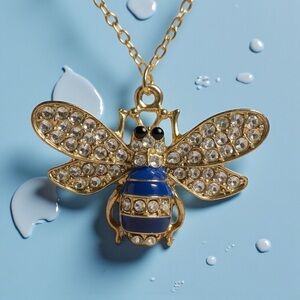 Vintage Bee crystal  Gold and Blue Bee charm Necklace